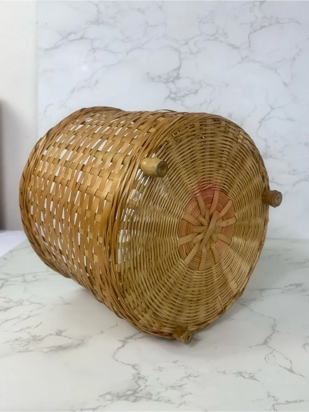 Vintage Boho woven bamboos planter/ basket with feet